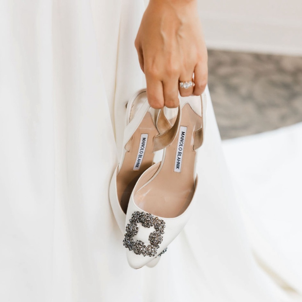 MANOLO BLAHNIK WORN ONCE HANGISLI 70MM CRYSTAL EMBELLISHED SATIN SLINGBACKS
